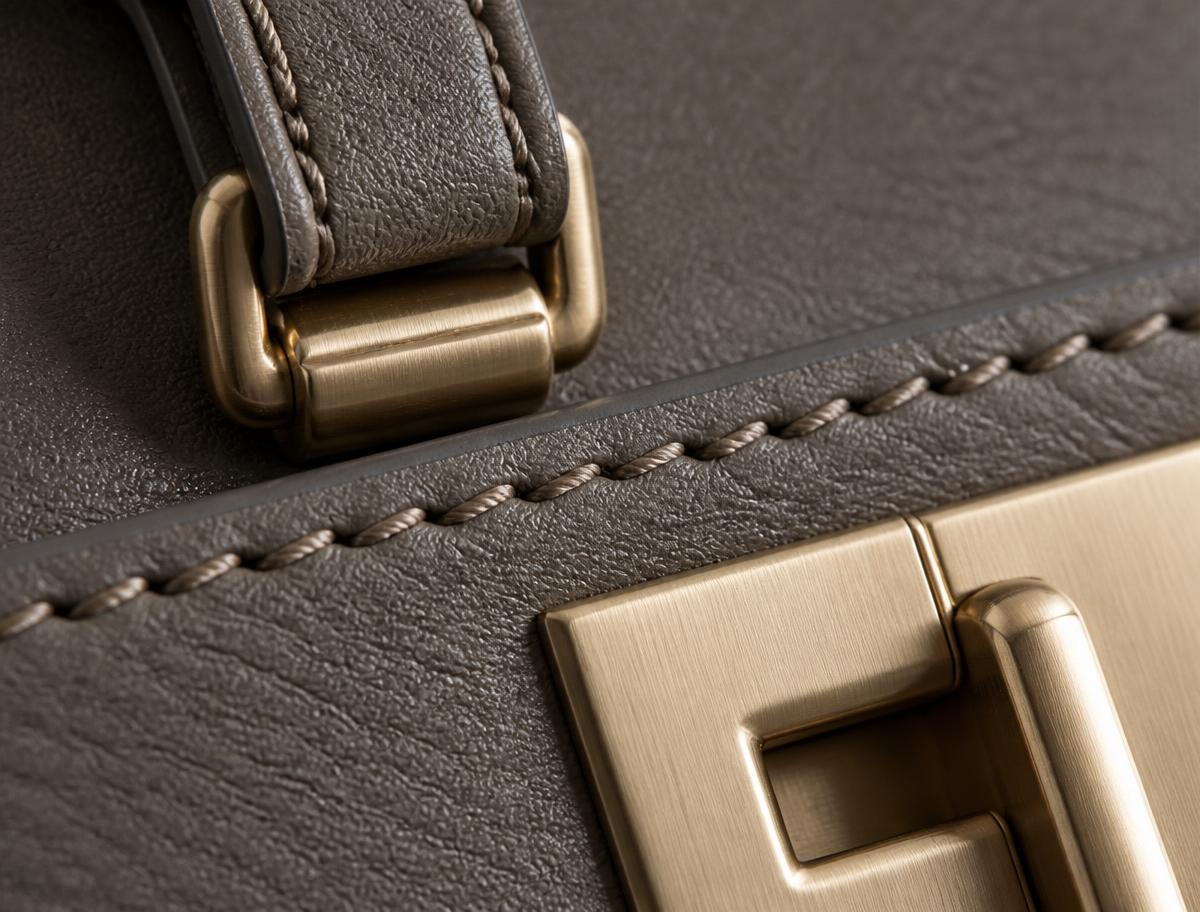 Macro detail of leather stitching and metal hardware